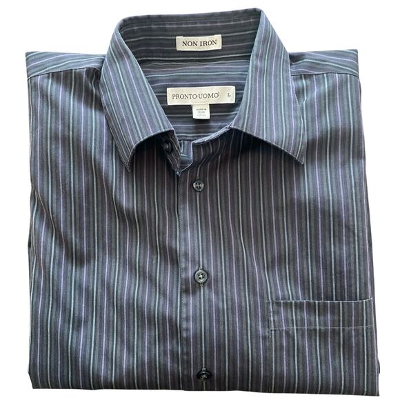 Pronto Uomo Non Iron Black Purple Striped Button Up Dress Shirt Size L Large - Picture 1 of 4